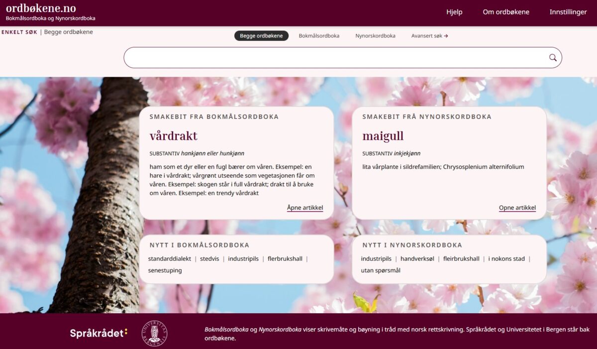 Skjermdump av ordbøkene.no